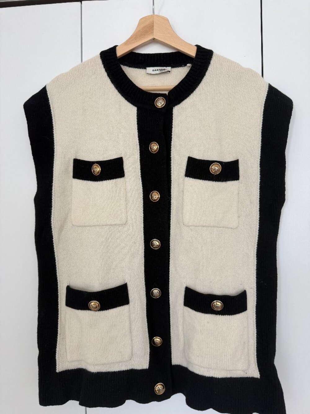 Sandro Loose Sleeveless Wool Coatigan Ecru Black Gold Buttons Size 1